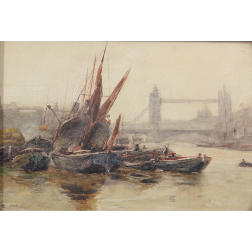 768 - English School, 1895 - Tower Bridge, signed with initials M L and dated, watercolour, 16 x 24cm... 