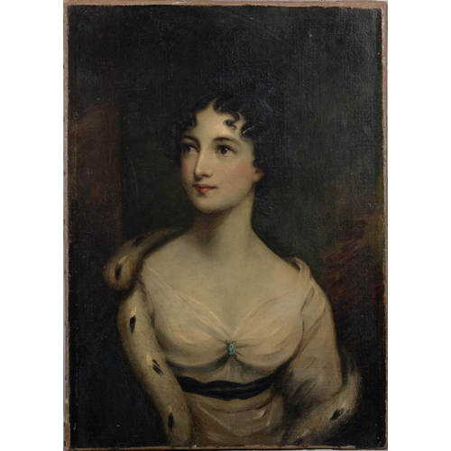 773 - English School, early 19th c - Portrait of a Young Woman, bust length in a white dress, an ermine tr... 