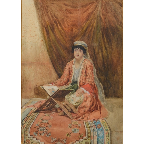 774 - James Shaw-Crompton RI (1853-1916) - A Muslim Lady Studying the Quran, watercolour, 34.5 x 24.5cm... 