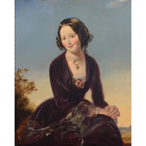 775 - English School, mid 19th c - Portrait of a Young Woman, seated three quarter length, in a plum colou... 