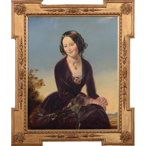 775 - English School, mid 19th c - Portrait of a Young Woman, seated three quarter length, in a plum colou... 