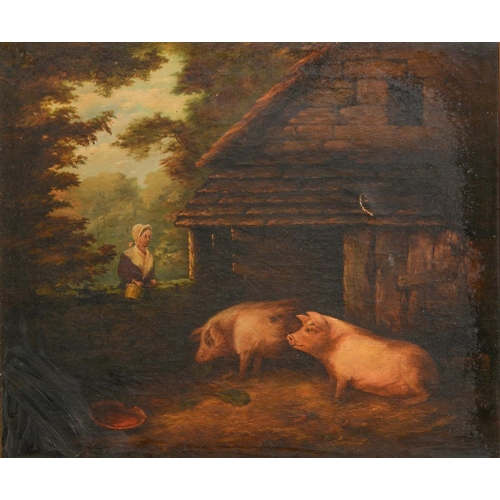 777 - Follower of George Morland - Feeding the Pigs, oil on canvas, 48 x 59cm