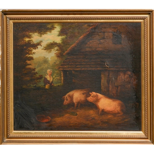 777 - Follower of George Morland - Feeding the Pigs, oil on canvas, 48 x 59cm