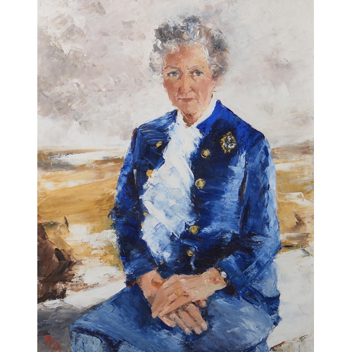 779 - British School, 1974 - Portrait of a Lady, seated, three quarter length in blue, signed with a monog... 