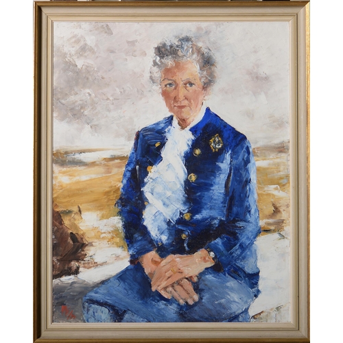 779 - British School, 1974 - Portrait of a Lady, seated, three quarter length in blue, signed with a monog... 