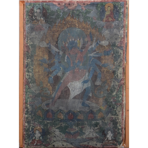 782 - Thangka of Green Tara, 19th c, pigment on cotton cloth, 61 x 42cm, stapled to wood surround, unframe... 