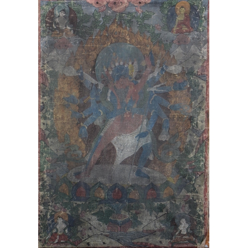 782 - Thangka of Green Tara, 19th c, pigment on cotton cloth, 61 x 42cm, stapled to wood surround, unframe... 