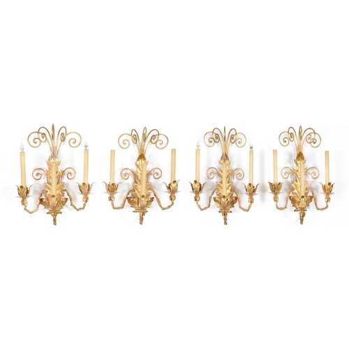 789 - A set of four giltmetal acanthus leaf wall lights, designed by Kevin McCloud, 49cm h... 