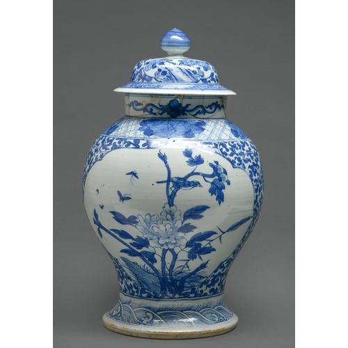 79 - A Chinese blue and white jar and cover, Qing dynasty, 19th c, painted with two panels of a bird in t... 