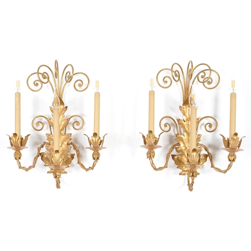 790 - A pair of giltmetal acanthus leaf wall lights, designed by Kevin McCloud, 49cm h