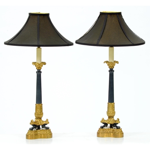 792 - A pair of lacquered brass and matt black finished table lamps, in Empire style, by Chelsom, 40c... 