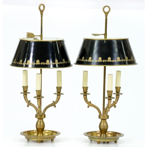 793 - A pair of brass bouillotte lamps, in Empire style, with black painted 'tole' lampshades, 71.5cm h... 