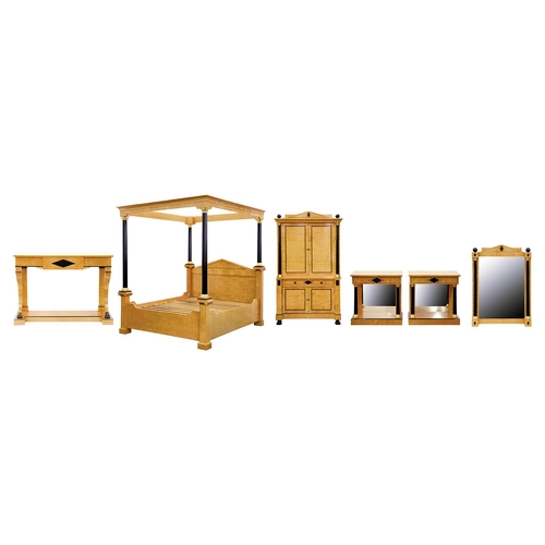 798 - A suite of Biedermeier style birch and ebonised bedroom furniture, comprising four poster bed, ... 