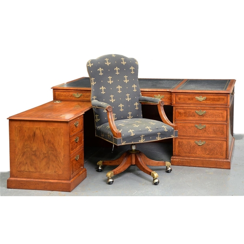 799 - A walnut and featherbanded desk, in George II style, by Arthur Brett of Norwich, with pedestal and r... 