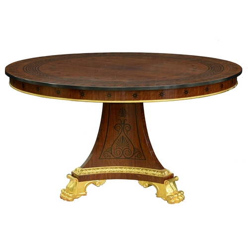 803 - A parcel gilt and inlaid mahogany table in the style of Thomas Hope, 77cm h; 137cm diam... 