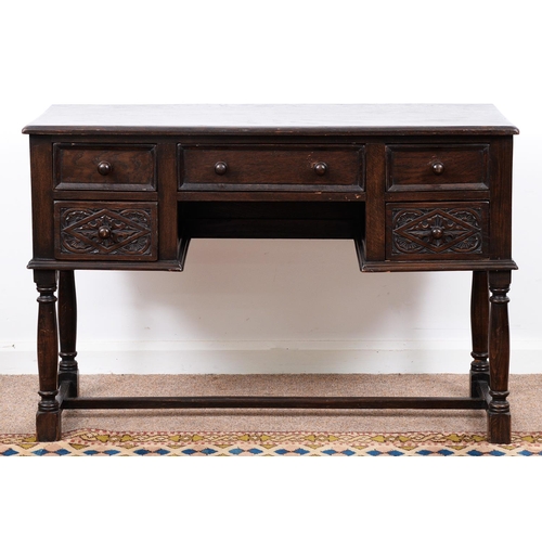 961 - A dark stained oak writing or dressing table, on turned legs with stretchers, 75cm h; 48 x 113cm... 