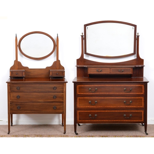 985 - Two Edwardian mahogany and line inlaid dressing tables, with oblong or oval mirror and brass vase fi... 