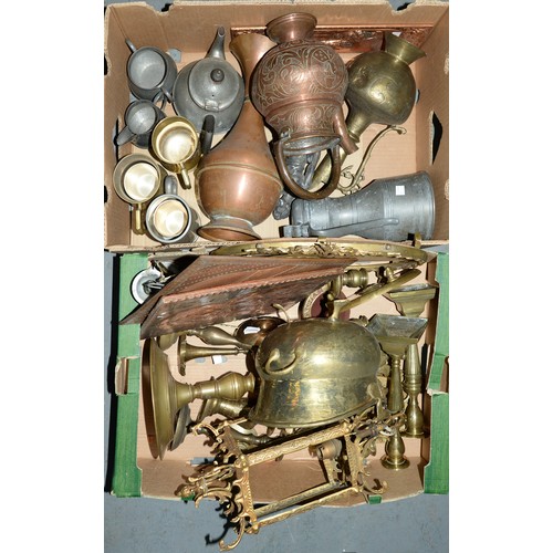 540 - Miscellaneous ornamental copper and brassware, to include Victorian candlesticks, a pewter tappit he... 