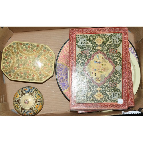 546 - A Persian glazed earthenware plate and similarly painted lacquer wares, first half 20th c... 