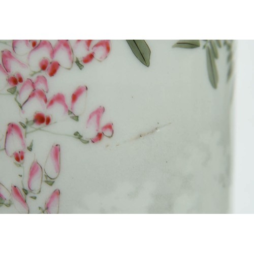 154 - A pair of Japanese cylindrical porcelain vases, early 20th c, painted with finches and flowering pla... 