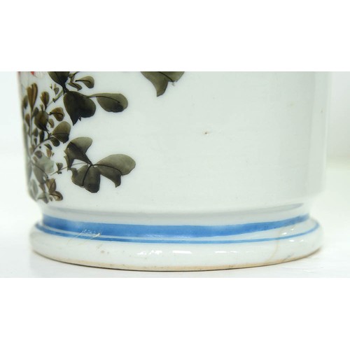 154 - A pair of Japanese cylindrical porcelain vases, early 20th c, painted with finches and flowering pla... 