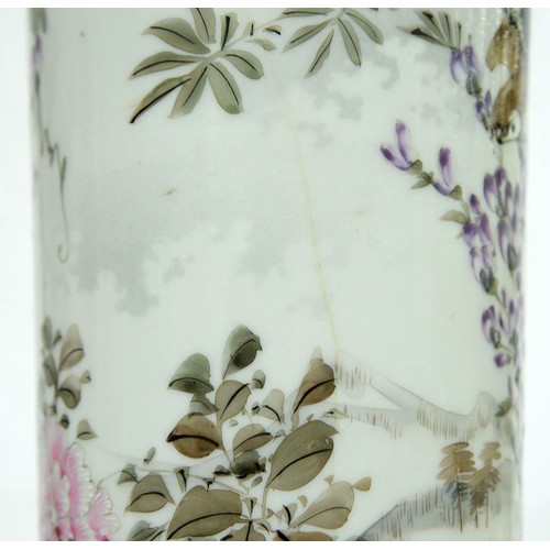 154 - A pair of Japanese cylindrical porcelain vases, early 20th c, painted with finches and flowering pla... 