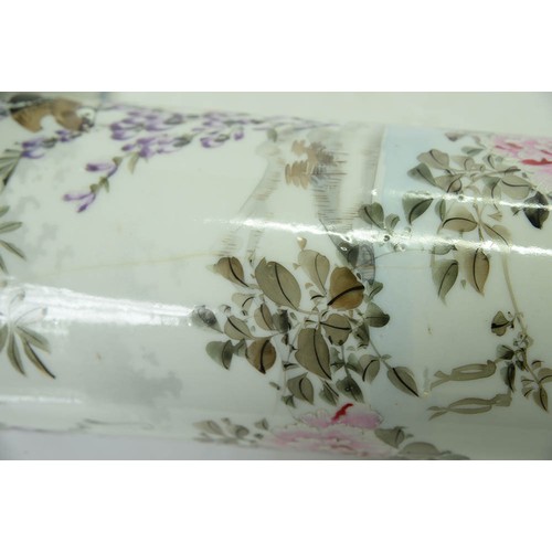 154 - A pair of Japanese cylindrical porcelain vases, early 20th c, painted with finches and flowering pla... 