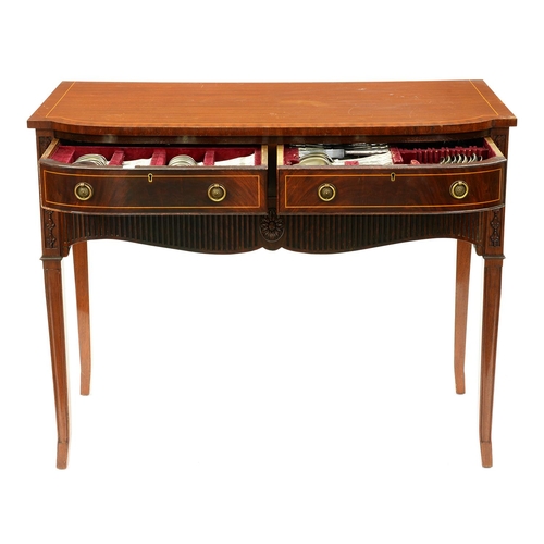 418 - A bow centred and line inlaid mahogany serving table, c1930, in George III style, with fluted apron ... 