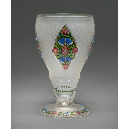 678 - A Bohemian enamelled glass vase, Haida, early 20th c, the ogee bowl with four diamond shaped panels ... 