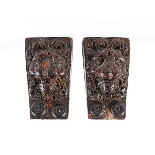 895 - A pair of carved oak lion mask corbels, 18th c,  11.5cm h