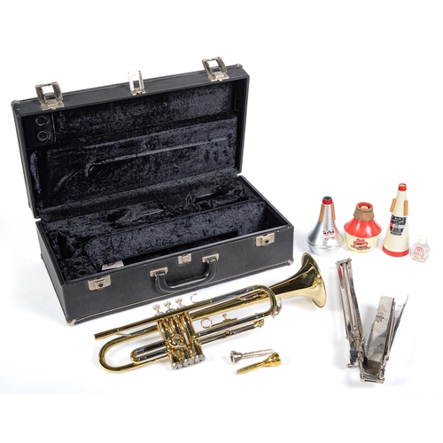 951 - A trumpet, Boosey & Hawkes Besson 600, with mouthpieces, three mutes and music rest, cased... 