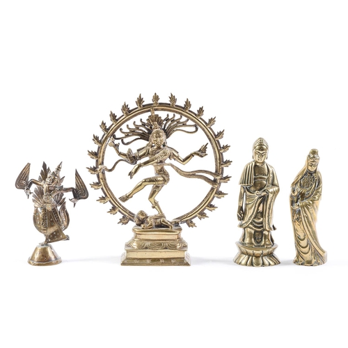 958 - An Indian brass sculpture of Shiva Nataraja, another Indian brass votive sculpture, a figure of Guan... 