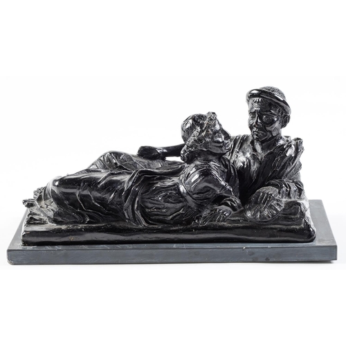 963 - A bronze sculpture of two reclining figures, 20th c, black patina, 36cm l, slate base... 