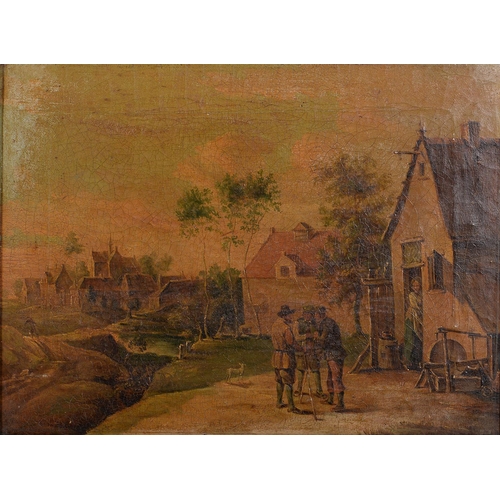 992 - 19th c School - Dutch Village Scene with Three Men Conversing by a Cottage, oil on canvas, 36.5 x 49... 