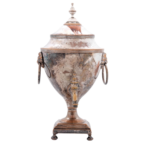 438 - A Sheffield Plate tea urn, c1800, of shield shape with ventilated cover and reeded rims, lion masks ... 