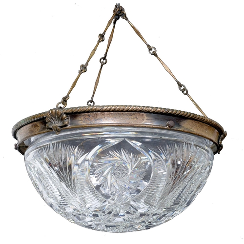 966A - A brilliant cut glass hemispherical hanging lamp bowl, early 20th c, mounted in a silvered brass rop... 