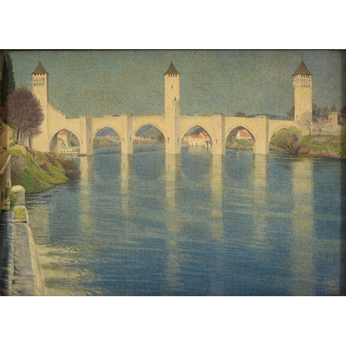 1049 - Joseph Edward Southall RWS (1861-1944) - Pont Valentre Cahors, signed with monogram and dated 1924, ... 
