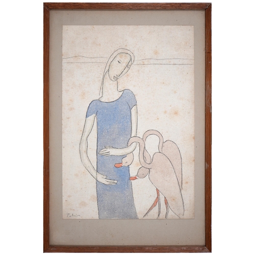 1053 - British School, 20th c - Woman and Birds, indistinctly signed, pencil and bodycolour on linen laid d... 