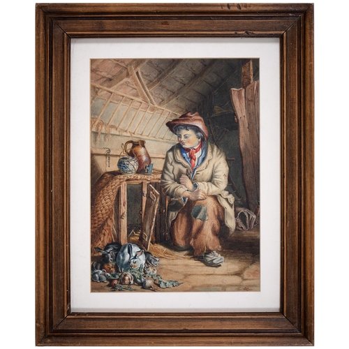 1054 - Victorian School - Boy in a Barn with a Family of Rabbits, inscribed verso Dick and the Rabbits E.A.... 