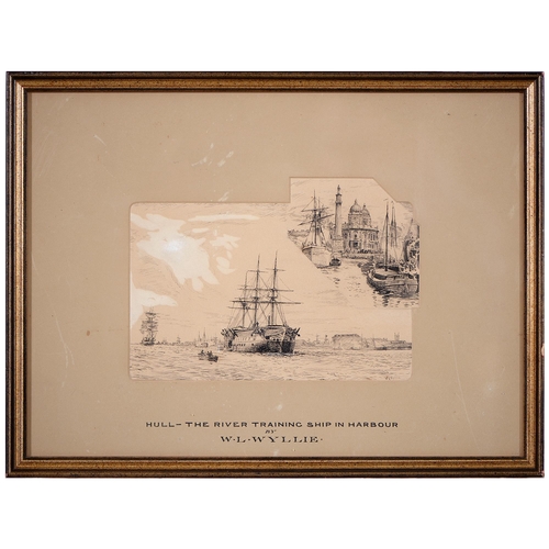 1057 - William Lionel Wyllie RA (1851-1931) - Hull - The River Training Ship in Harbour, signed, pen and in... 