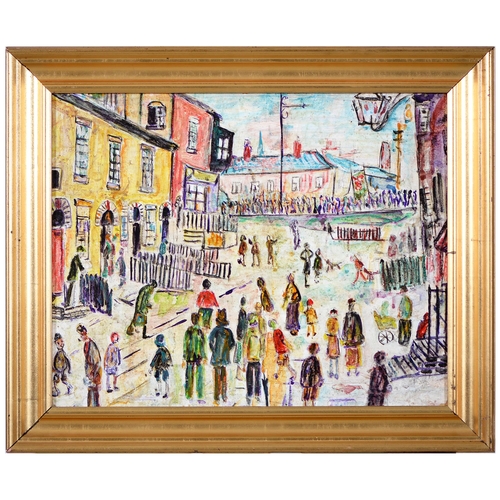 1065 - British School, 20th / 21st c - The Procession, oil on board, 39.5 x 49cm