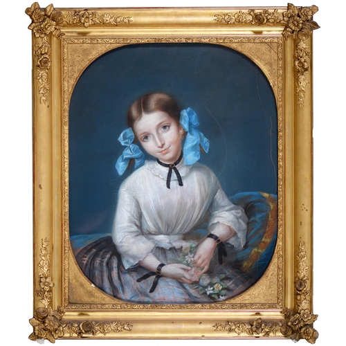 1070 - French or possibly Swiss School, mid 19th c - Portrait of a Young Woman, seated half length, in a wh... 