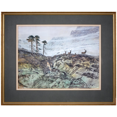 1076 - Iain Ross, 20th c - Stags in Winter, Ben Wyvis Easter Ross, watercolour, 38.5 x 50cm... 