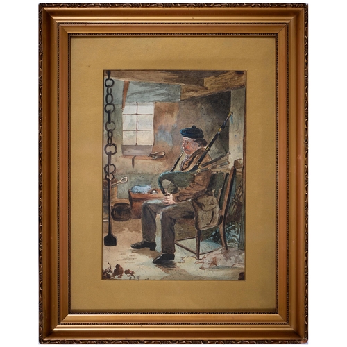 1104 - British School, 19th / early 20th - Playing the Pipes by a Highland Hearth, signed (obscured by moun... 