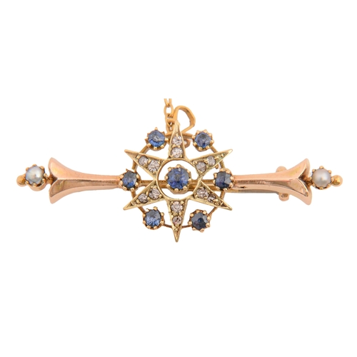 121 - A sapphire, diamond and cultured pearl brooch, early 20th c, in gold, 41mm l, part marked... 