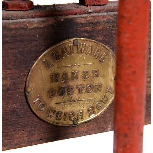 1224 - Rural Lincolnshire bygones. A weighing machine, early 20th c, of ash and red painted iron, 70cm h, s... 