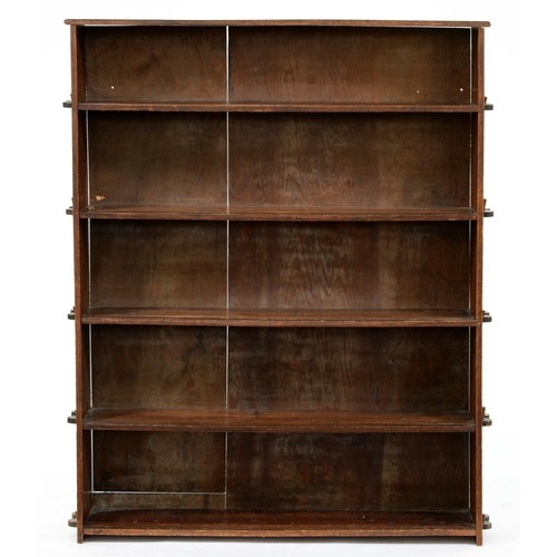 1232 - An oak and stained-deal open bookcase, early 20th c, the four shelves secured by pairs of pegs at ea... 