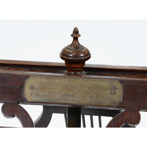 1239 - A Victorian rosewood telescopic music stand, with double adjustable lyre shaped rests with brass 'st... 