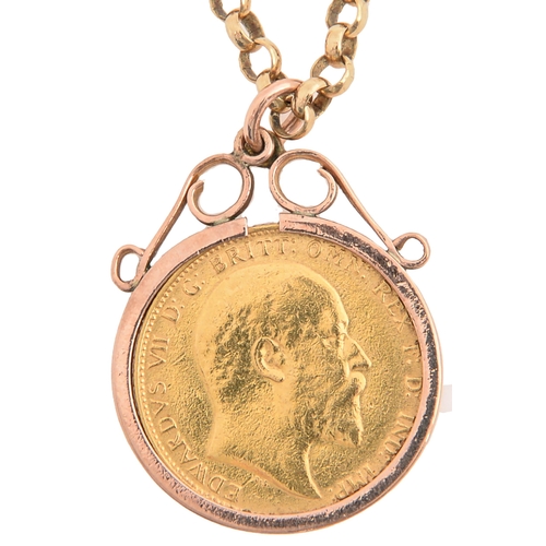 35 - Gold coin. Sovereign 1908, set in a gold mount on gold necklet, both marked 9ct, 22.3g... 