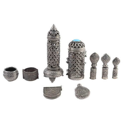 402 - A Middle Eastern metalware lamp and other articles, including an anklet, 20th c